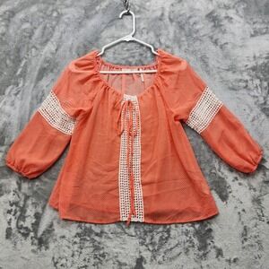 HAVE Top Womens M Orange White Polka Dot Chiffon Crochet Peasant Boho Flowy